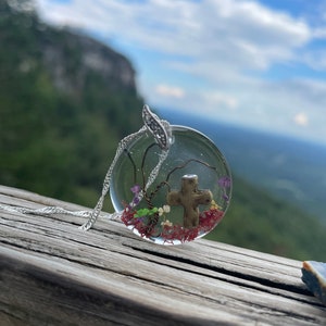 Tiny cross pendant, epoxy resin necklace, wildflower pendant, Cna gifts