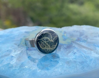 Moss Resin Ring: Adjustable Stainless Steel Band, Nature Jewelry