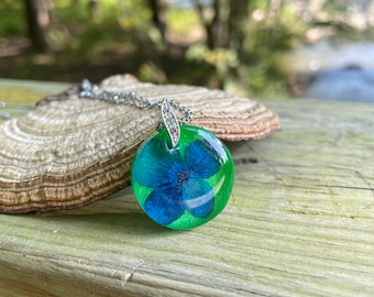 Blue flower necklace, epoxy resin necklace, wildflower necklace, adoption gifts, succulent jewelry