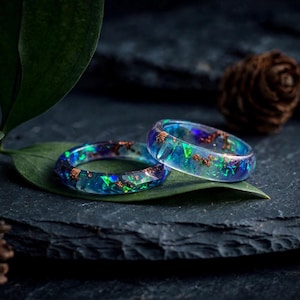 Iridescent Blue Resin Ring with Copper Flakes | Handmade Stacking Jewelry