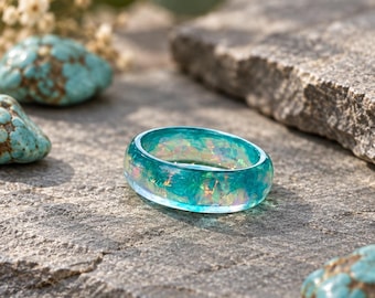 Aqua Blue Iridescent Resin Ring, Holographic Curved Band, Opal Rainbow Jewelry