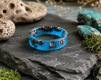 Blue Glow-in-the-Dark Resin Ring with Copper Flakes, Aqua Epoxy Band (Handmade)