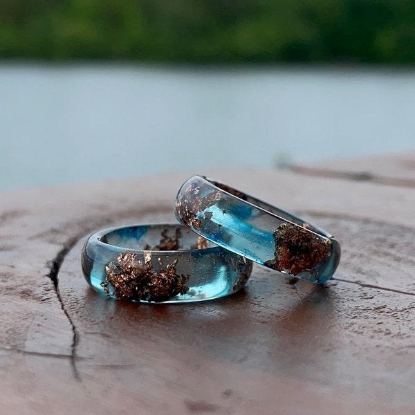 Blue resin ring, copper ring men, couple ring set, mens resin ring, resin ring women,  engagment rings, father in law gift