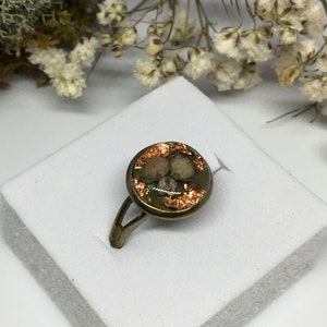 Handcrafted Babys Breath Flower Resin Ring: Adjustable Bronze Band