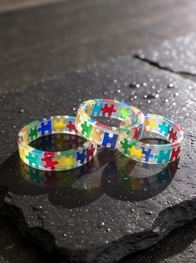 Rainbow Puzzle Piece Resin Ring: Autism Awareness Jewelry image 12