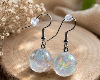 Handmade Rainbow Resin Bubble Earrings, Sterling Silver Dangle Jewelry