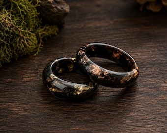 Handmade Black Resin Ring with Gold or Copper Flakes, Couples Set, Unisex Gift