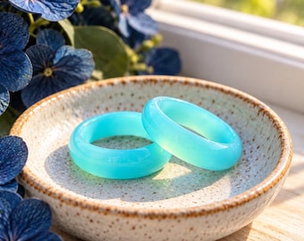 Aqua Glow Resin Ring, Blue Green Couples Set, Luminous Handmade Jewelry, Alternative Wedding Gift