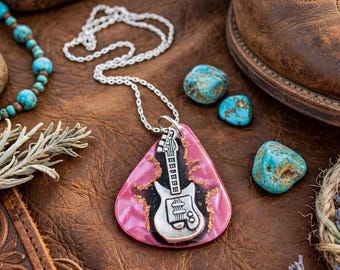 Pink Guitar Pick Necklace with Guitar Charm, Black Resin and Copper Flakes, Music Gift
