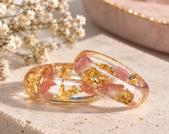 Pink Rose Petal Resin Ring, Gold Flake Floral Jewelry, Dried Flower Band