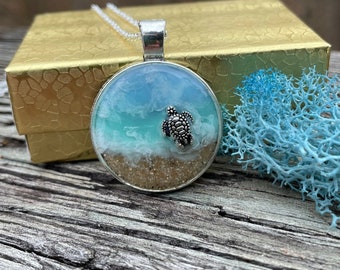 Ocean resin necklace, resin necklace, cruise gifts, ocean tides, ocean resin art, leatherback turtle, step mom gift, expecting mom gift