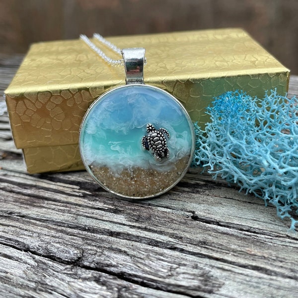 Ocean resin necklace, resin necklace, cruise gifts, ocean tides, ocean resin art, leatherback turtle, step mom gift, expecting mom gift