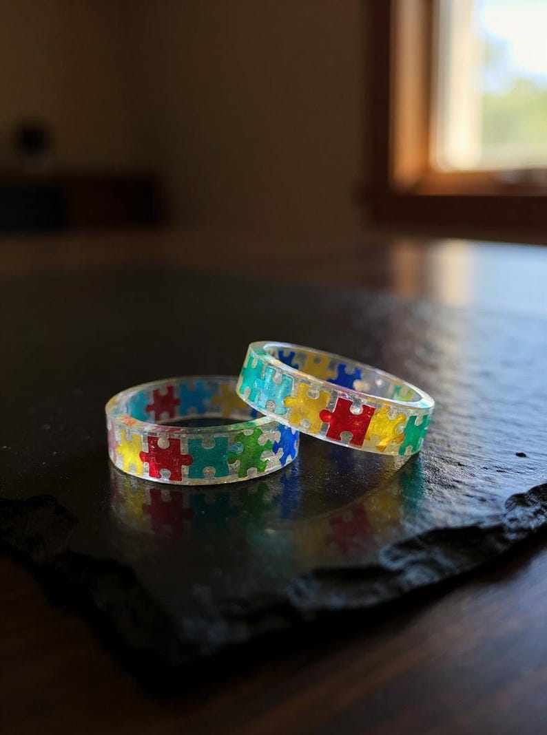 Rainbow Puzzle Piece Resin Ring: Autism Awareness Jewelry image 14