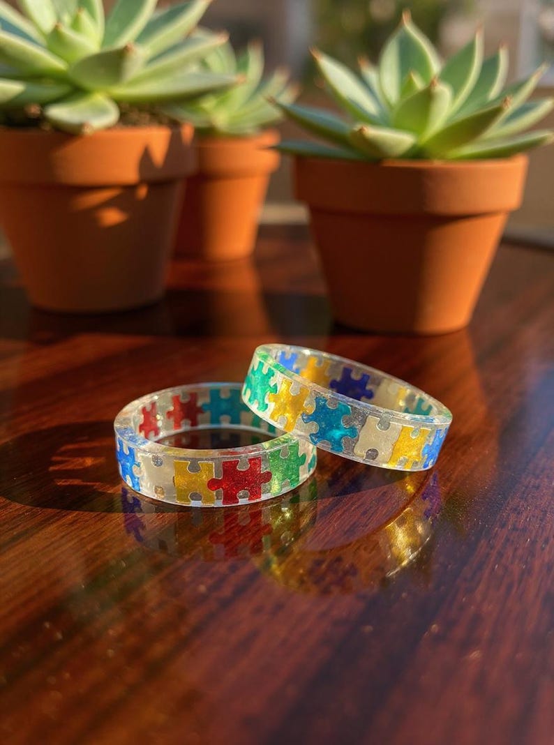 Rainbow Puzzle Piece Resin Ring: Autism Awareness Jewelry image 6