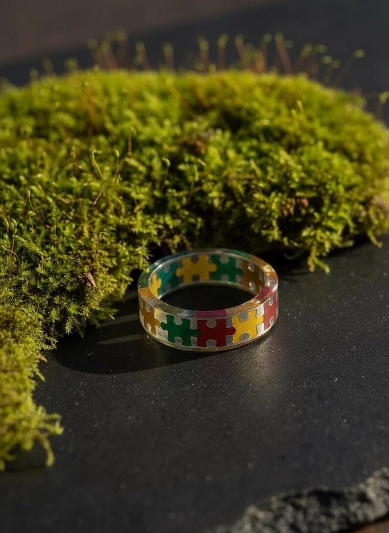 Rainbow Puzzle Piece Resin Ring: Autism Awareness Jewelry image 10