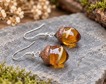 Acorn Resin Earrings: Sterling Silver Plated Wire, Nature Jewelry