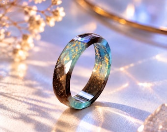 Handmade Resin Ring, Blue Brown Iridescent Faceted Band, Color-Shifting Jewelry