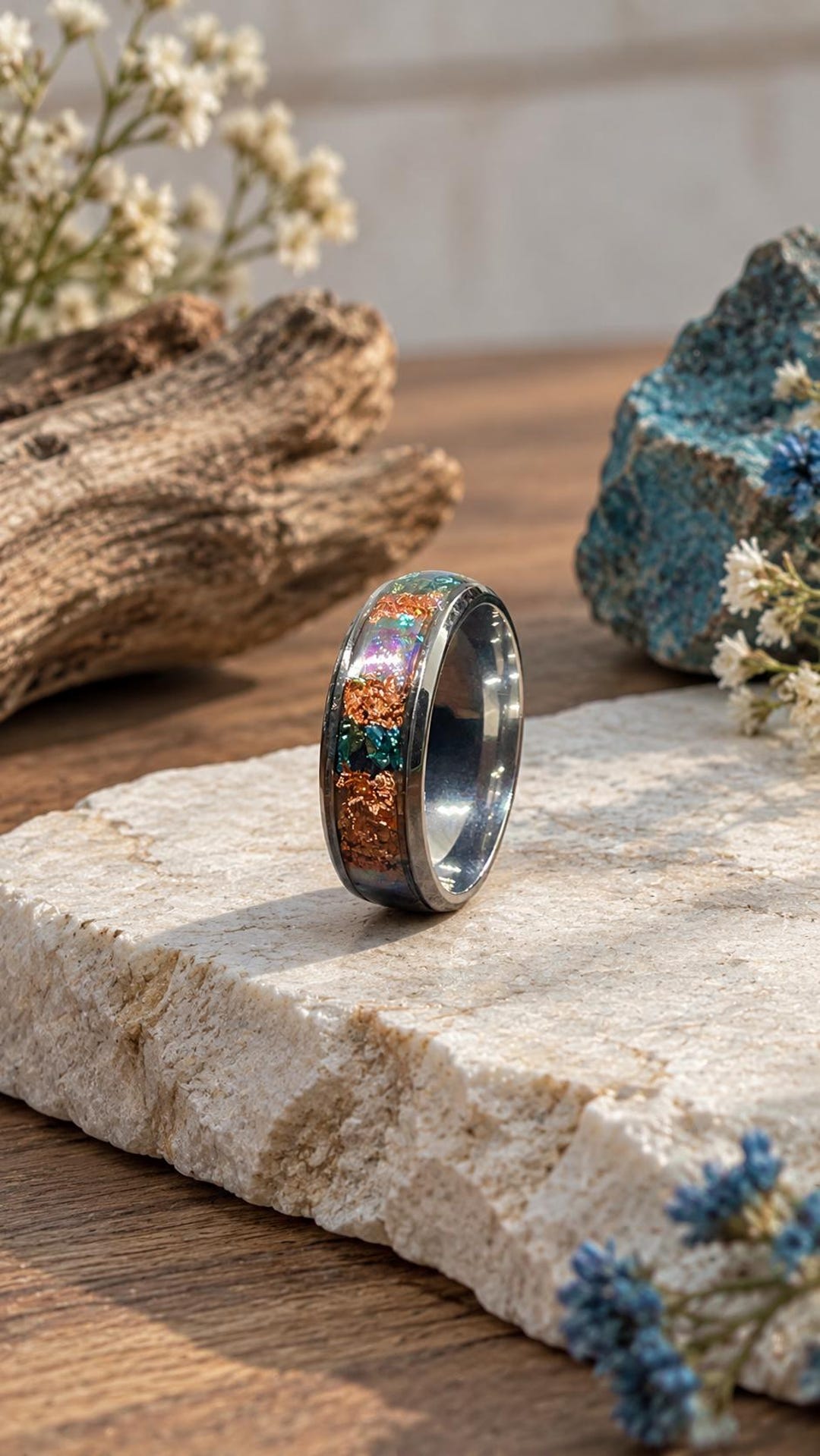 Men's Stainless Steel Resin Ring, Copper Flake Blue Stone Inlay
