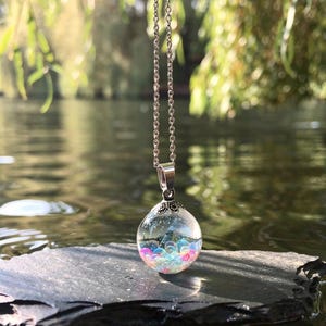 Blue Rainbow Bubble Necklace, Iridescent Fairy Orb: eco resin