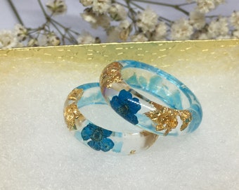 Handcrafted Resin Ring: Real Blue Flower & Gold Flakes