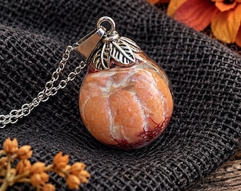 Handcrafted Eco Resin Pumpkin Pendant Necklace – Tiny Nature Jewelry (0.75" Diameter)