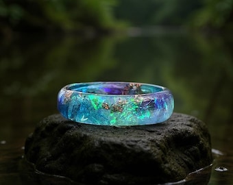 Iridescent Blue Resin Ring with Copper Flakes, Handmade Stacking Ring