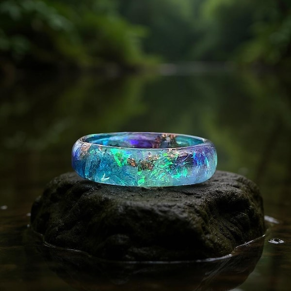 Iridescent Blue Resin Ring with Copper Flakes | Handmade Stacking Jewelry
