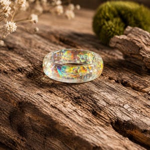 Iridescent Resin Ring, White Opal Band, Color Changing Translucent Rings