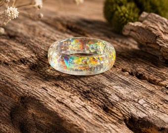 Iridescent Resin Ring, White Opal Band, Color Changing Translucent Rings
