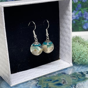 May include: A pair of silver dangle earrings with clear resin orbs containing white and blue pressed flowers and shells.