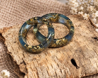 Handcrafted Night Sky Resin Ring, Gold Flake Epoxy Band, Unisex Wedding Set