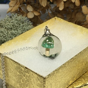 Green mushroom resin necklace, Mushroom necklace, Wood resin jewelry