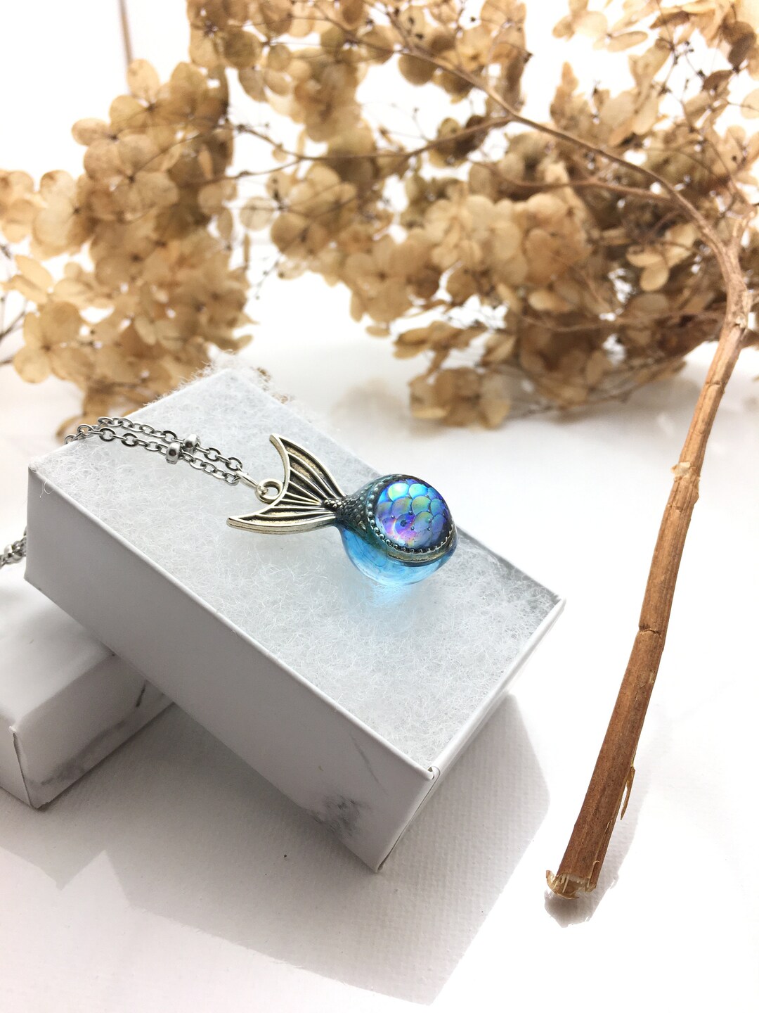 Mermaid Tail Resin Orb Necklace: Sterling Silver Plated Chain