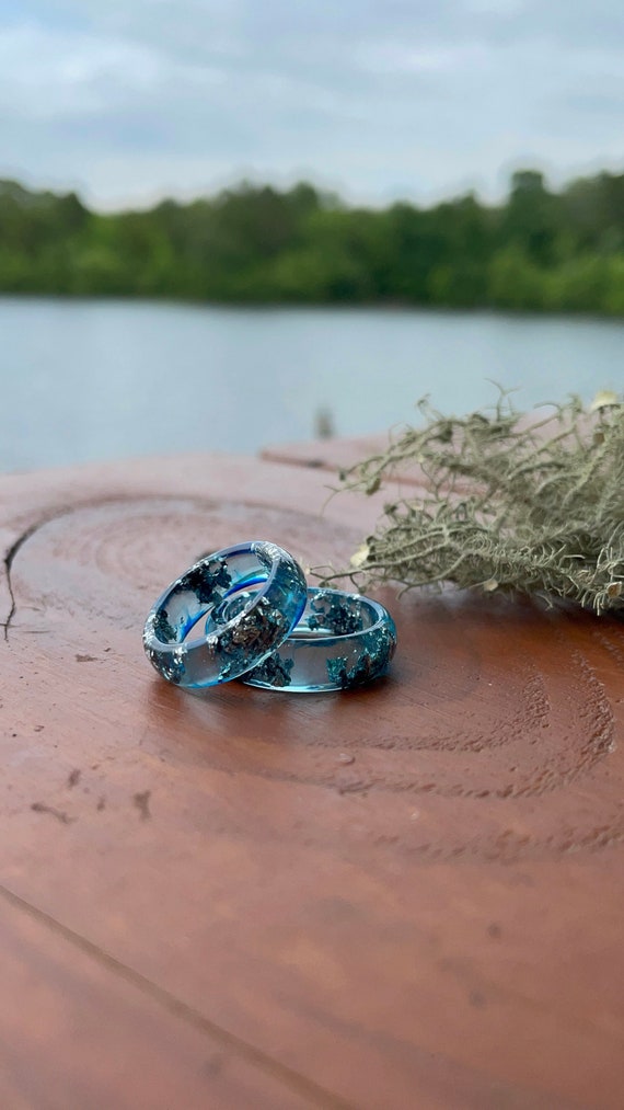 Blue resin ring, resin ring, resin ring women, mens resin ring, mens pinky  rings, alternative engagment rings, couple ring set