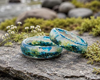 Handmade Moss Resin Ring with Blue Stone Shards, Woodland Nature Jewelry