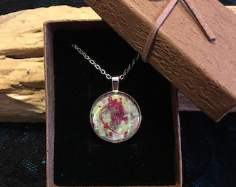 Pressed flower necklace, real flower pendant, wood resin jewelry, gift for her