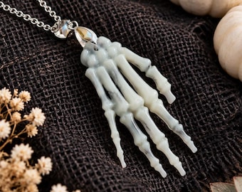 Skeleton Hand Necklace, Halloween Resin Pendant, Gothic Jewelry, Spooky Anatomical Gift, Witchy Alternative Accessory
