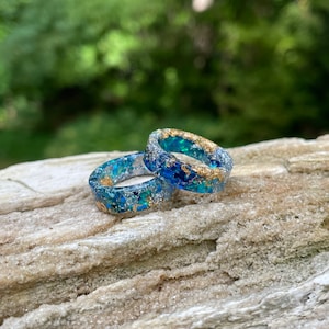 Blue resin ring, resin ring, boho ring set, anxiety rings, alternative engagment rings, couples ring set