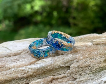 Blue resin ring, resin ring, boho ring set, anxiety rings, alternative engagment rings, couples ring set