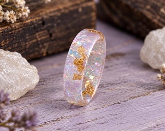 Aurora Borealis Resin Ring, Iridescent Opal Galaxy Band, Gold Flake Northern Lights Jewelry