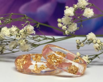 Flower Resin Ring: Pink Rose Petal and Gold Flake Ring