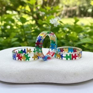 Rainbow Puzzle Piece Resin Ring: Autism Awareness Jewelry