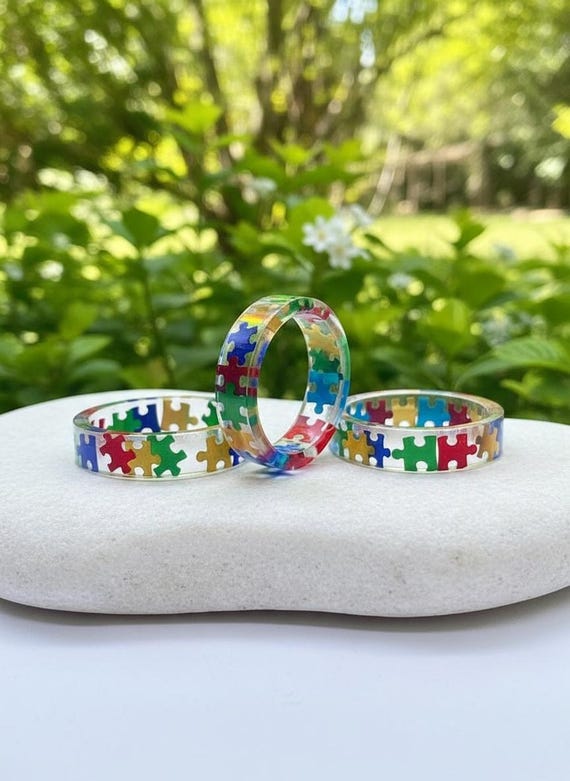 Rainbow Puzzle Piece Resin Ring: Autism Awareness Jewelry