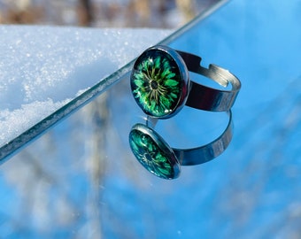 フラワーリング、ターコイズ樹脂リング、シルバーメッキヴィンテージ