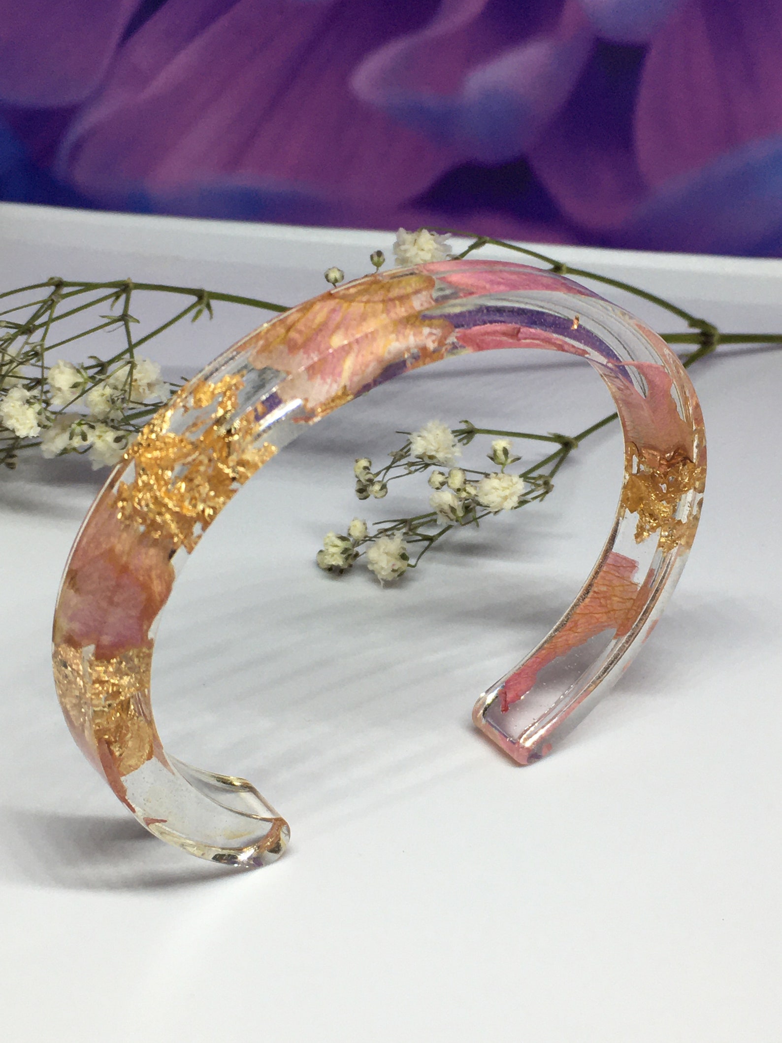 Rose Resin Bracelet Resin Jewelry Epoxy Resin Bangle Gold Etsy