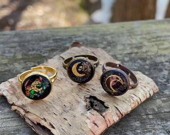 Dainty Moon Resin Ring: Adjustable Stainless Steel, Copper Foil