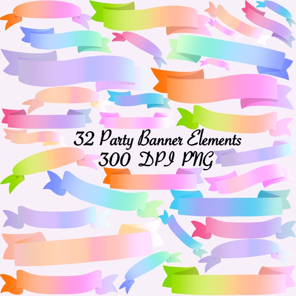 Large Ombre Bundle of Rainbow Birthday Party Banners - 300DPI PNG-Card Element - Sticker Element - Scrapbooking - Digital Download - '