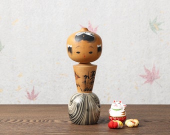 Vintage Shin-gata kokeshi doll, bamboo and sparrow, Japanese wooden kokeshi doll