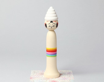 Ice cream kokeshi doll, 19.5cm / 7.67inch in height, made by Teruyuki Hiraga, Sakunami style kokeshi craftsman