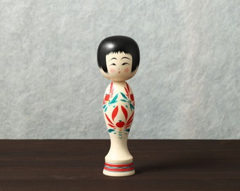 Sakunami kokeshi doll, 19.5cm / 7.67inch in height, made by Teruyuki HIRAGA, Sakunami style kokeshi craftsman